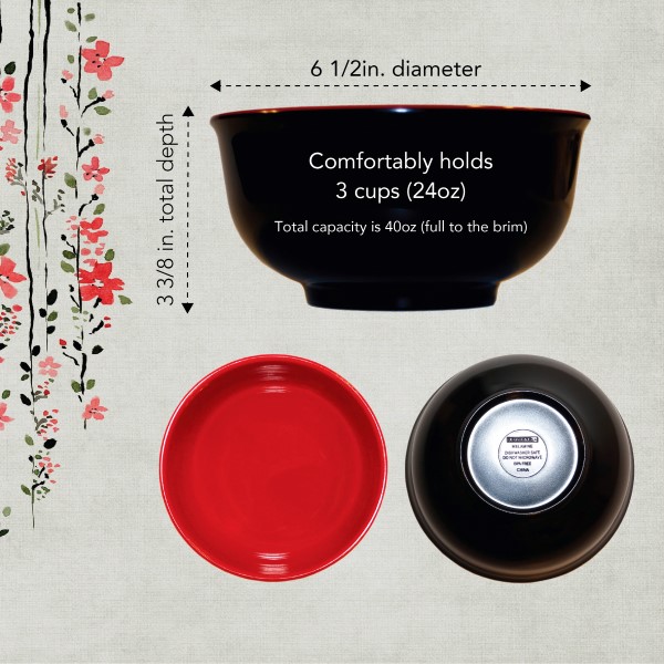 Dimensions - 6.5 by 3.375 inches (Melamine Bowls and Spoons Set by Calvin and Co. - Red and Black)