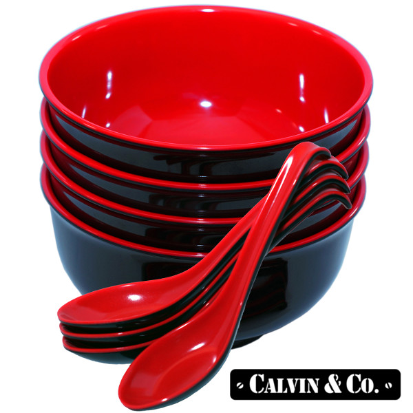 Melamine Bowls and Spoons Set by Calvin and Co. - Red and Black